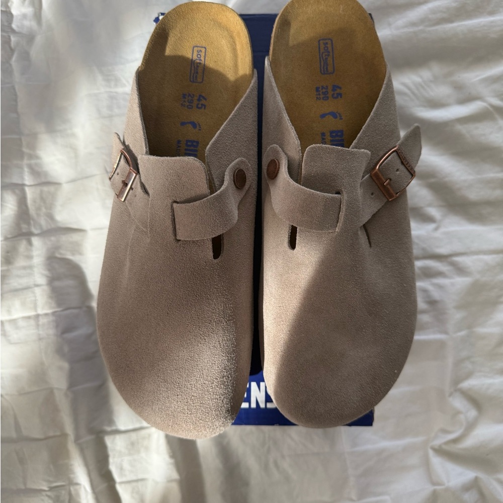 Birkenstock Gray Suede Clogs with Buckle